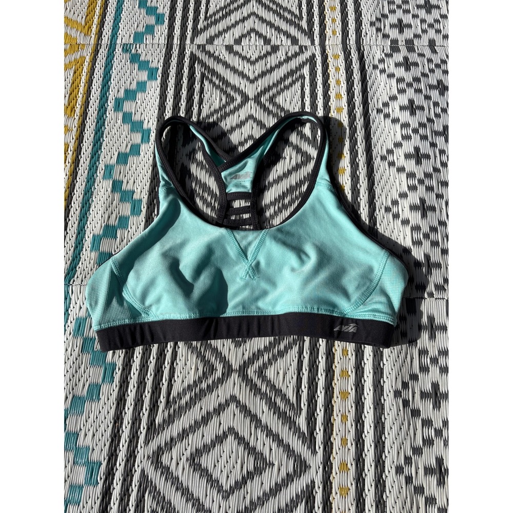 Avia Womens Aqua Blue Racerback Sports Bra Black Trim Large